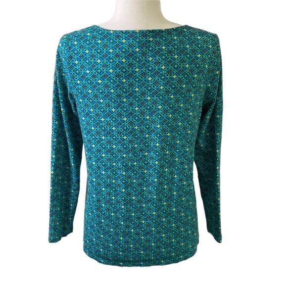 J Jill Pin Tuck Pullover Long Sleeve Top Geometric Print Watercolor Turquoise - Picture 5 of 16